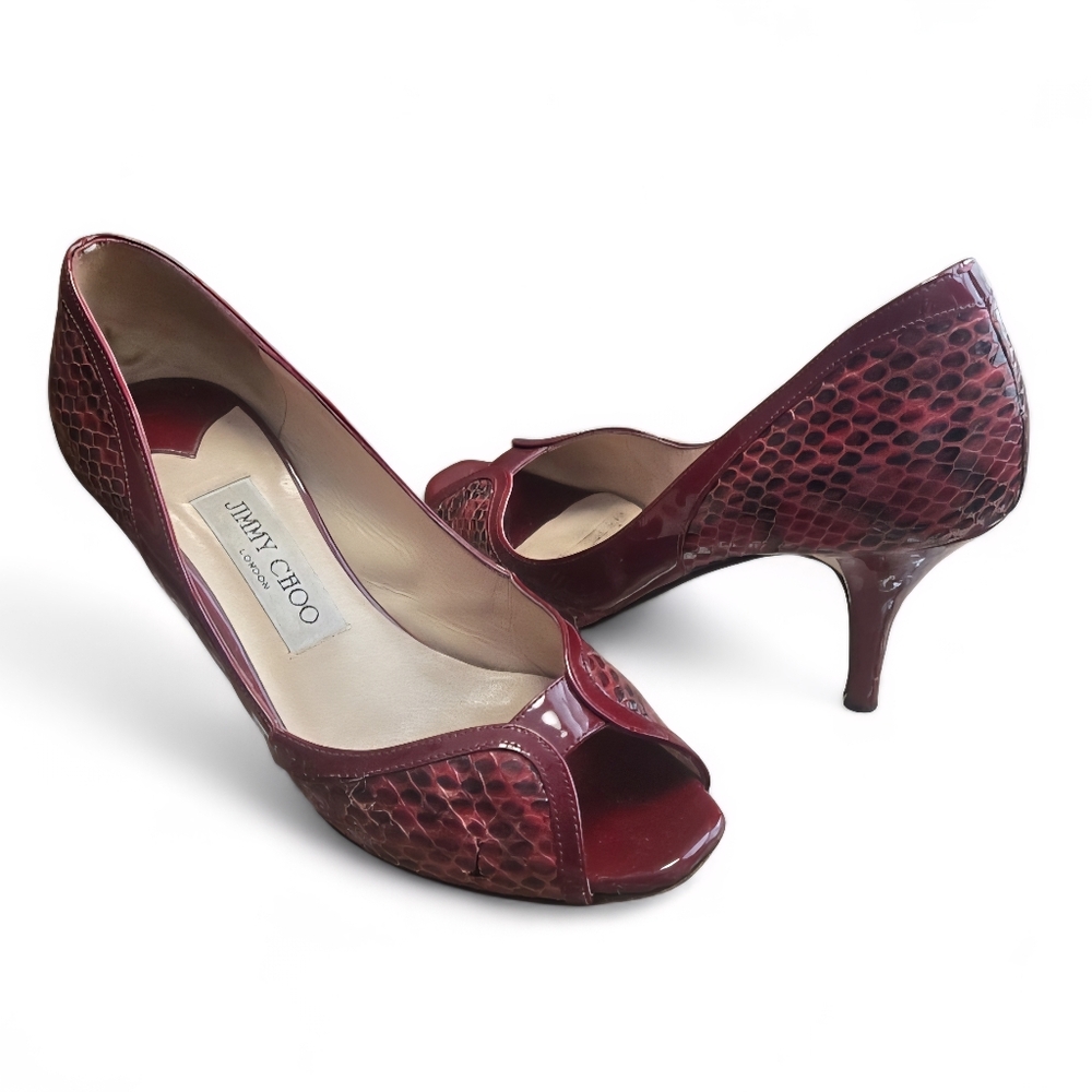 Jimmy Choo Burgundy Snakeskin Peep-Toe Pumps
